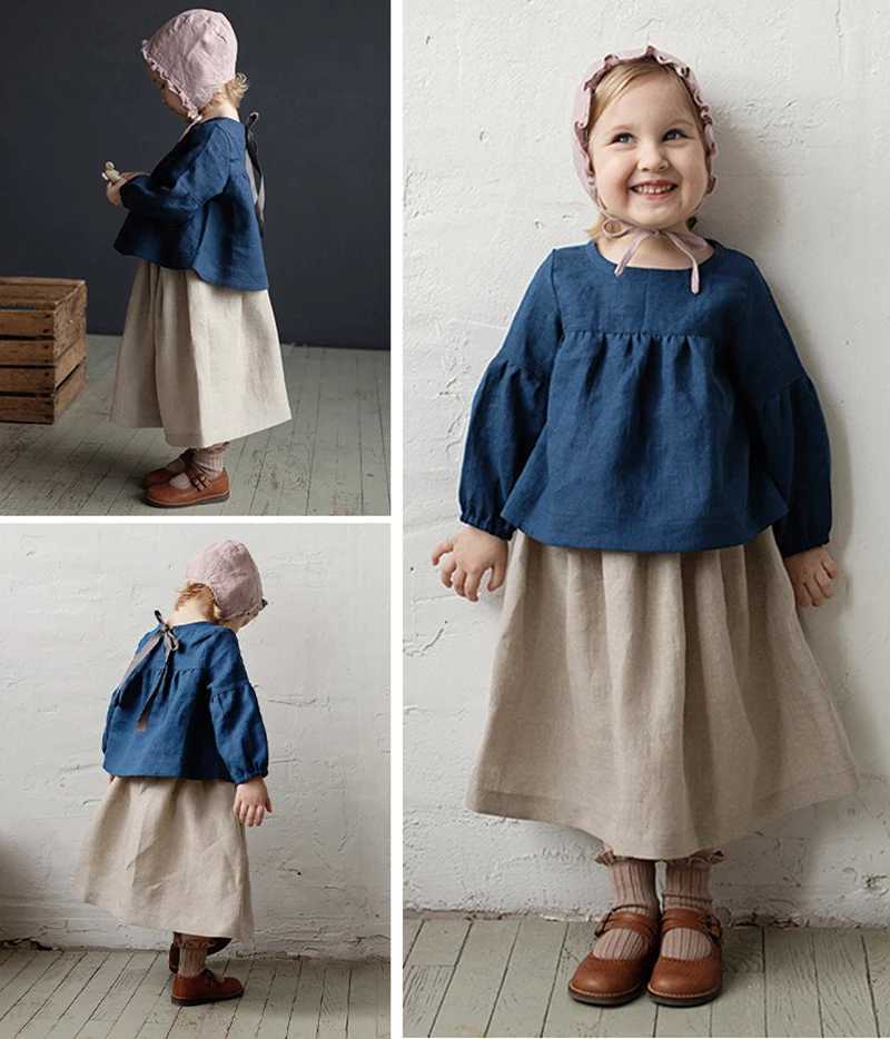 Chic Back Bow Tie Linen Shirt Girls 2025 New Solid Color Casual Loose Baby Kids LongSleeved Blouse Autumn Clothes C251007
