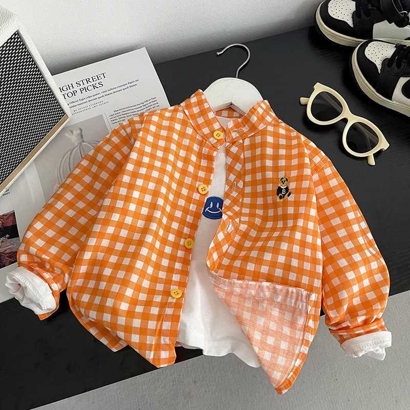 Childrens Bear Embroidered Plaid Shirt Boys Shirt Spring and Autumn Thin Style 2025 New Baby Fashion Casual Longsleeved Tops C251007