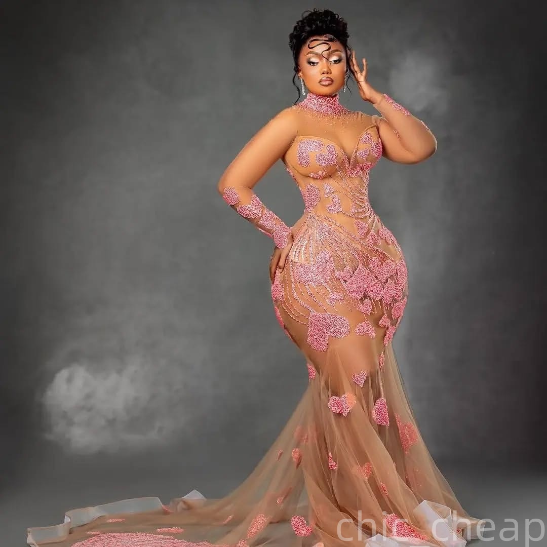 Blush Pink Mermaid Prom Dresses 2025 Beaded Applique Illusion Evening Formal Party Second Birthday Engagement Gowns Plus Size Dress For Special Occasi