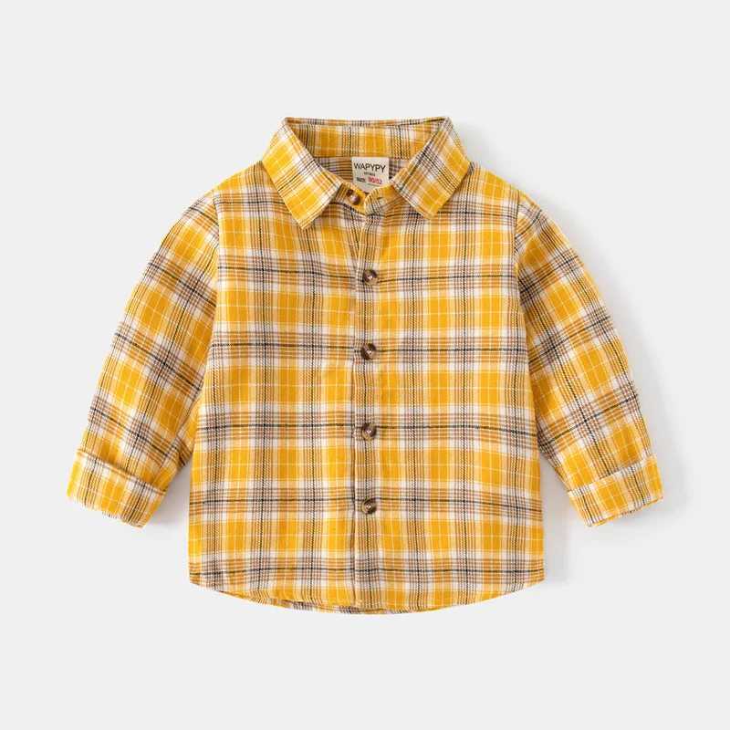 New autumn longsleeved shirts for boys checkered dress shirts for babies casual brushed fabric squareneck tops C251007