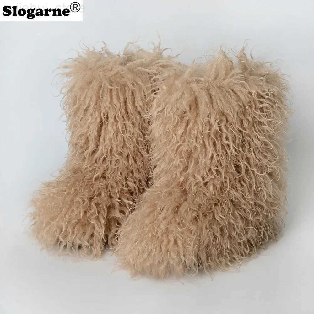 Ladies Trendy Mongolian Fur Boots Women Fahsion Teddy Fur Snow Boots Fluffy Warm Faux Wool Y2K Winter Shoes Plush Warm Footwear M251007