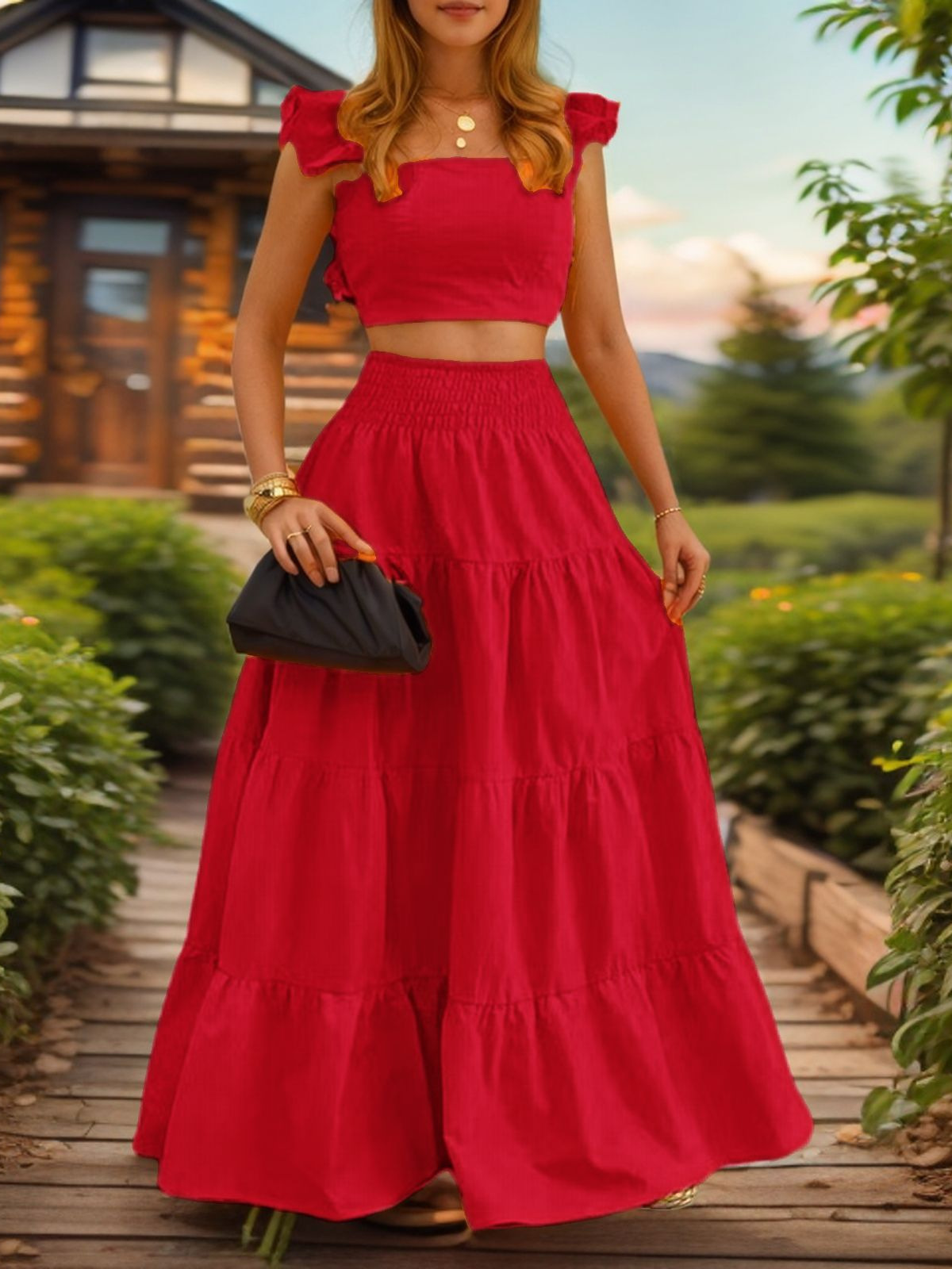 G107Solid color sexy style ruffled French suspender skirt two-piece dress women's suit