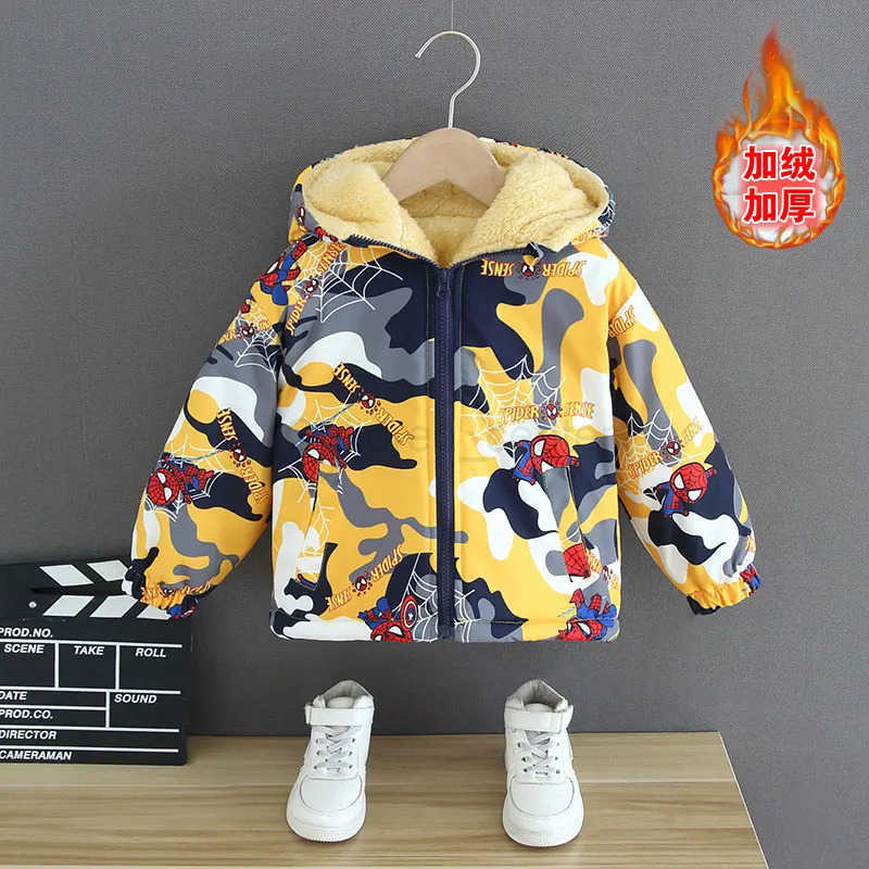 Disney Winter Childrens Parkas Coat Kids Boys Cartoon Spider Man Full Print Hoodie Jacket Toddler Thicken Plush Warm Outerwear Clothes H251007