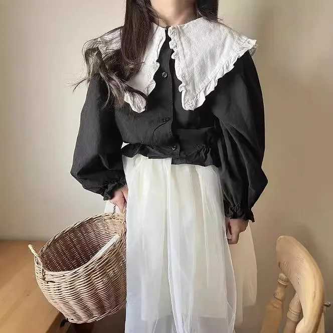 Blouses Girl Spring Autumn Black White Splicing Lotus Leaf Edge Collar Causal Long Sleeves Shirt Cotton Hemp Tops 2024 C251007