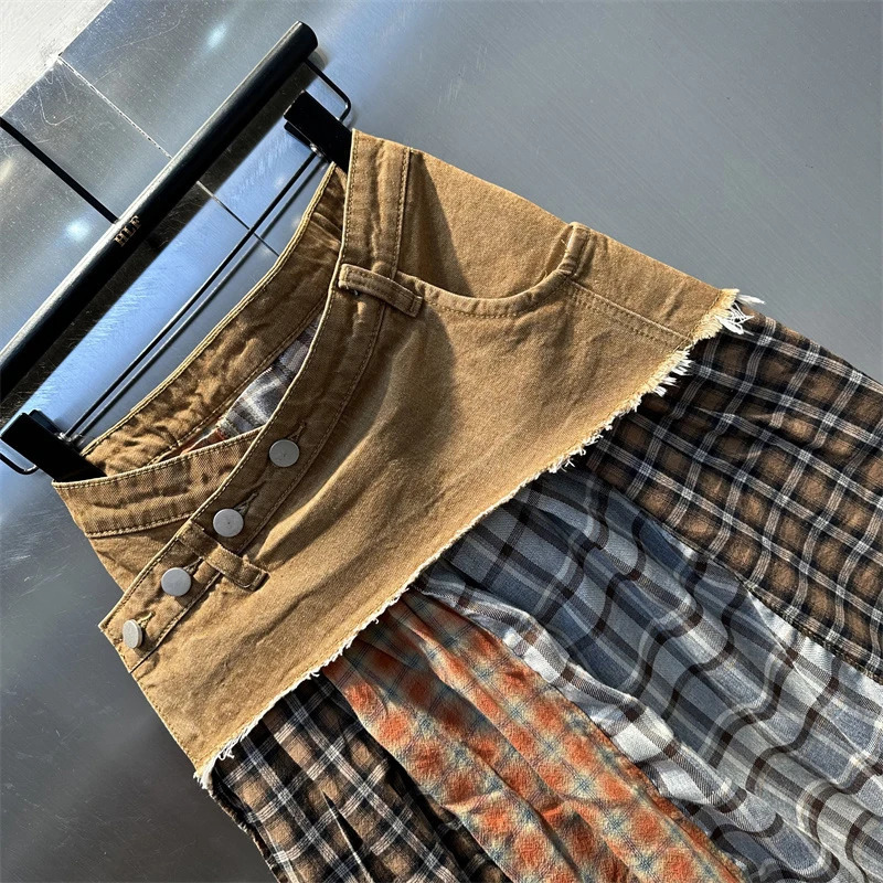 DEAT Womens Fashion Plaid Denim Patchwork Contrast Color Skirts 2025 Spring Items Casual Aline Skirt Female 11A022 250922