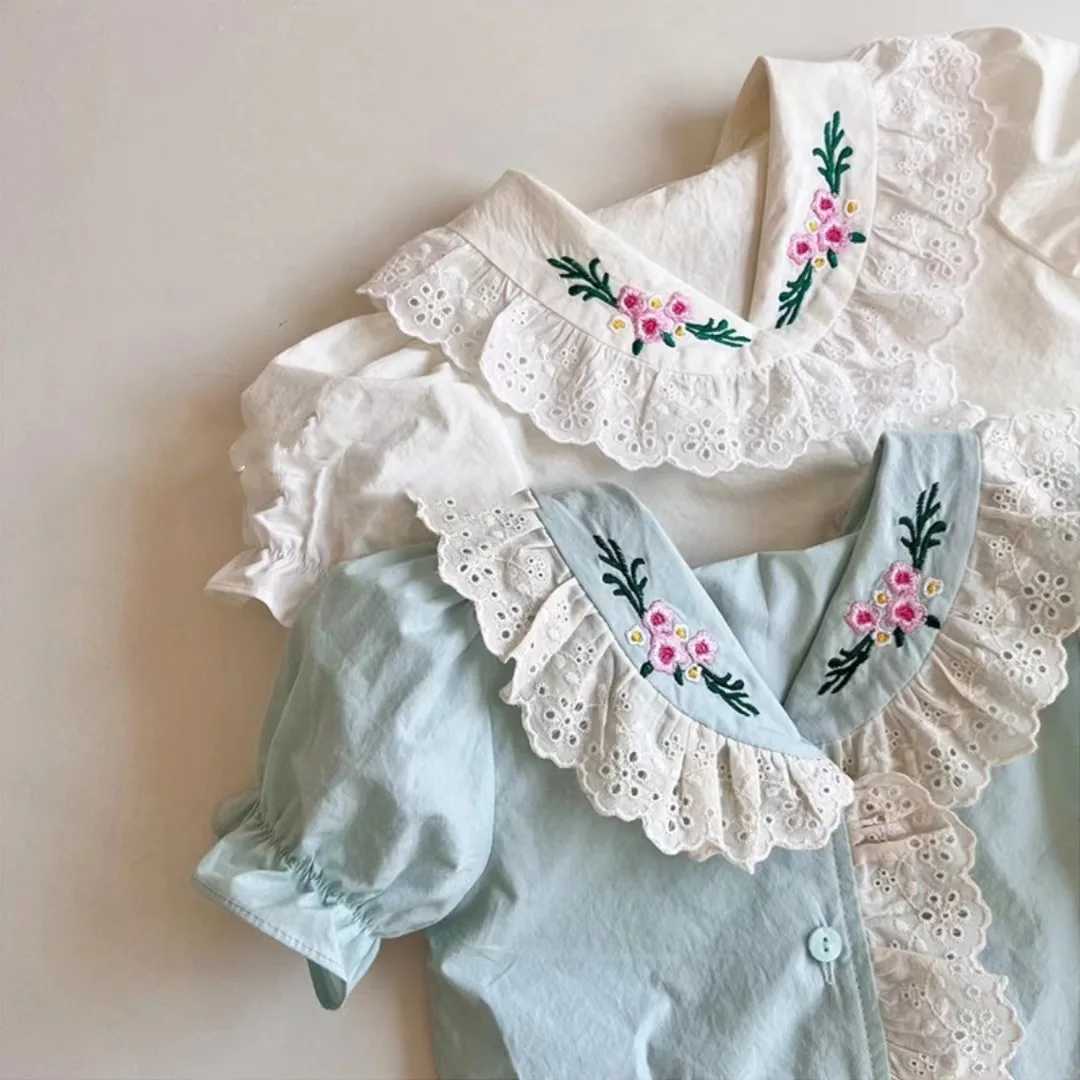 Summer Baby Girls Short Sleeve Shirt Embroidered Lace Doll Shirt For Children Korean Girls Cute Pure Cotton Bubble Sleeve Top C251007