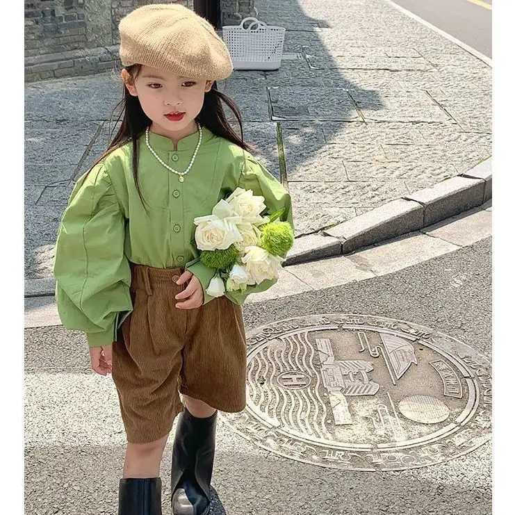 Girls Cotton Shirt Retro Bubble Sleeves Korean Fashion Long Sleeved Shirt Outerwear Baby Solid Shirt for Girls C251007