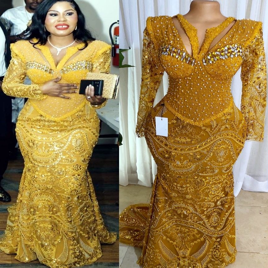 Gold Mermaid Prom Dresses 2025 Lace Crystals V-neck Full Sleeves Evening Formal Party Second Birthday Engagement Gowns Plus Size Dress For Special Occ