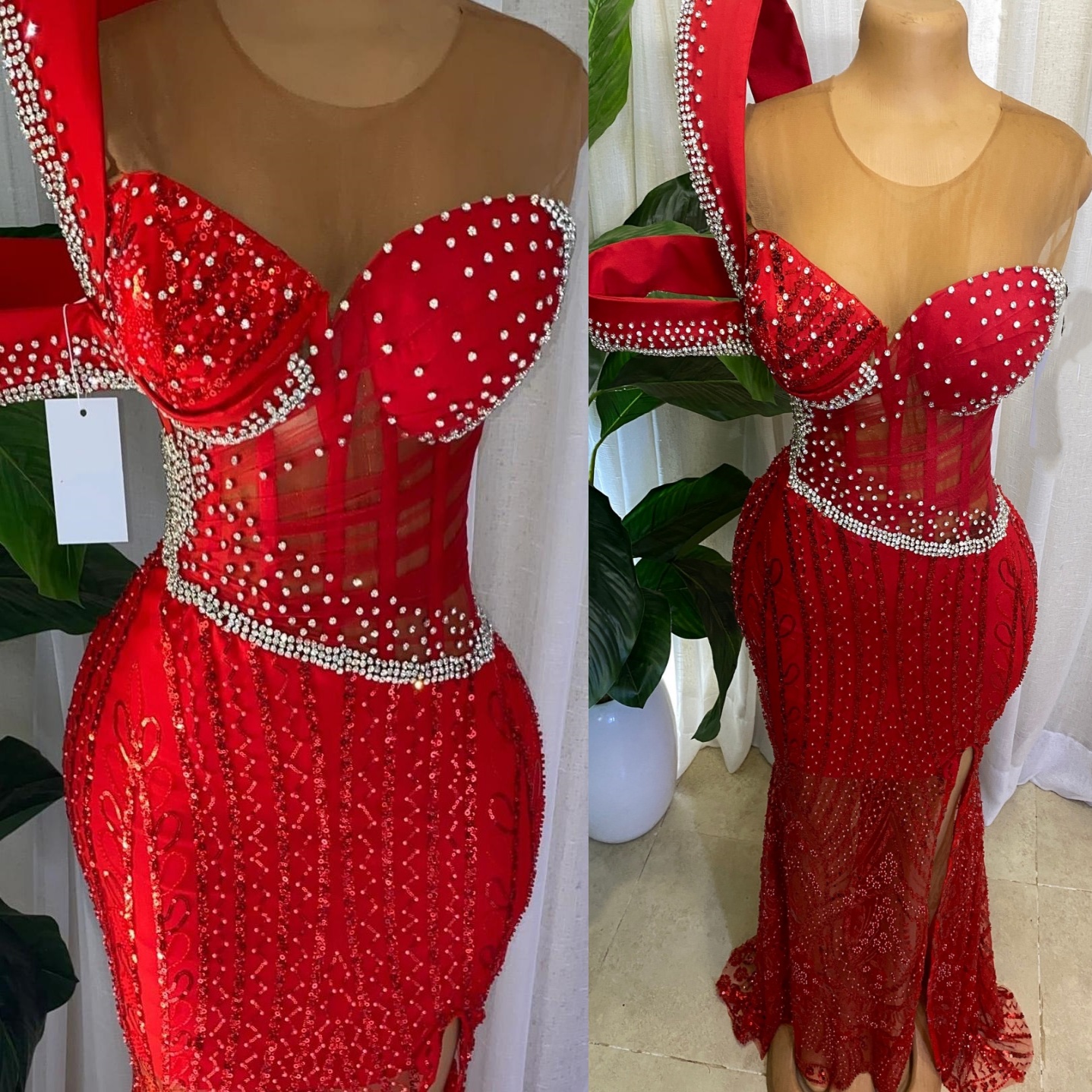 Red Mermaid Prom Dresses 2025 Crystals Sheer Neck Sequined Lace Evening Formal Party Second Birthday Engagement Gowns Plus Size Dress For Special Occa