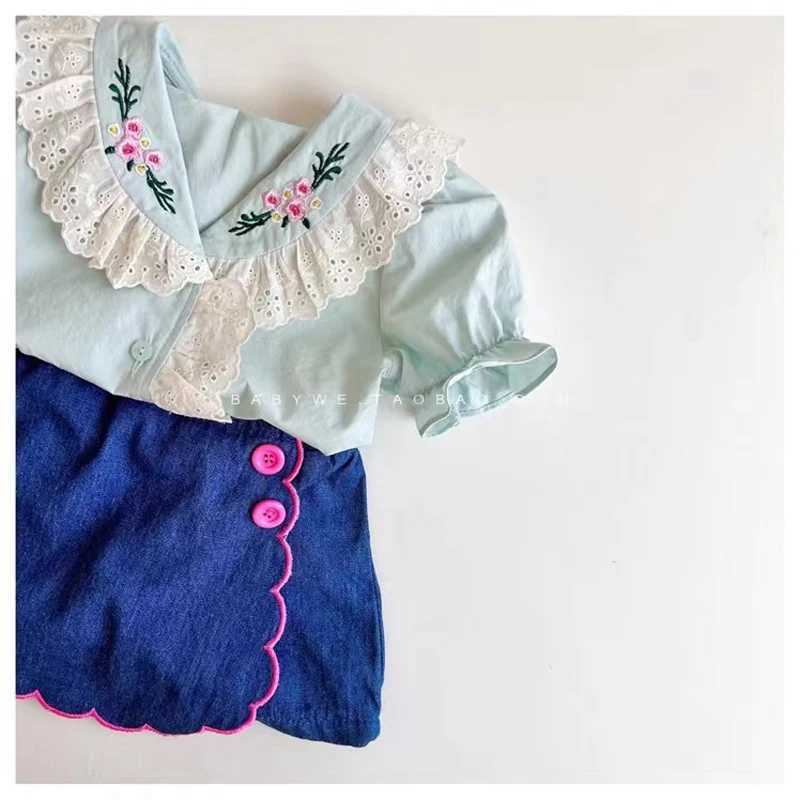 Summer Baby Girls Short Sleeve Shirt Embroidered Lace Doll Shirt For Children Korean Girls Cute Pure Cotton Bubble Sleeve Top C251007