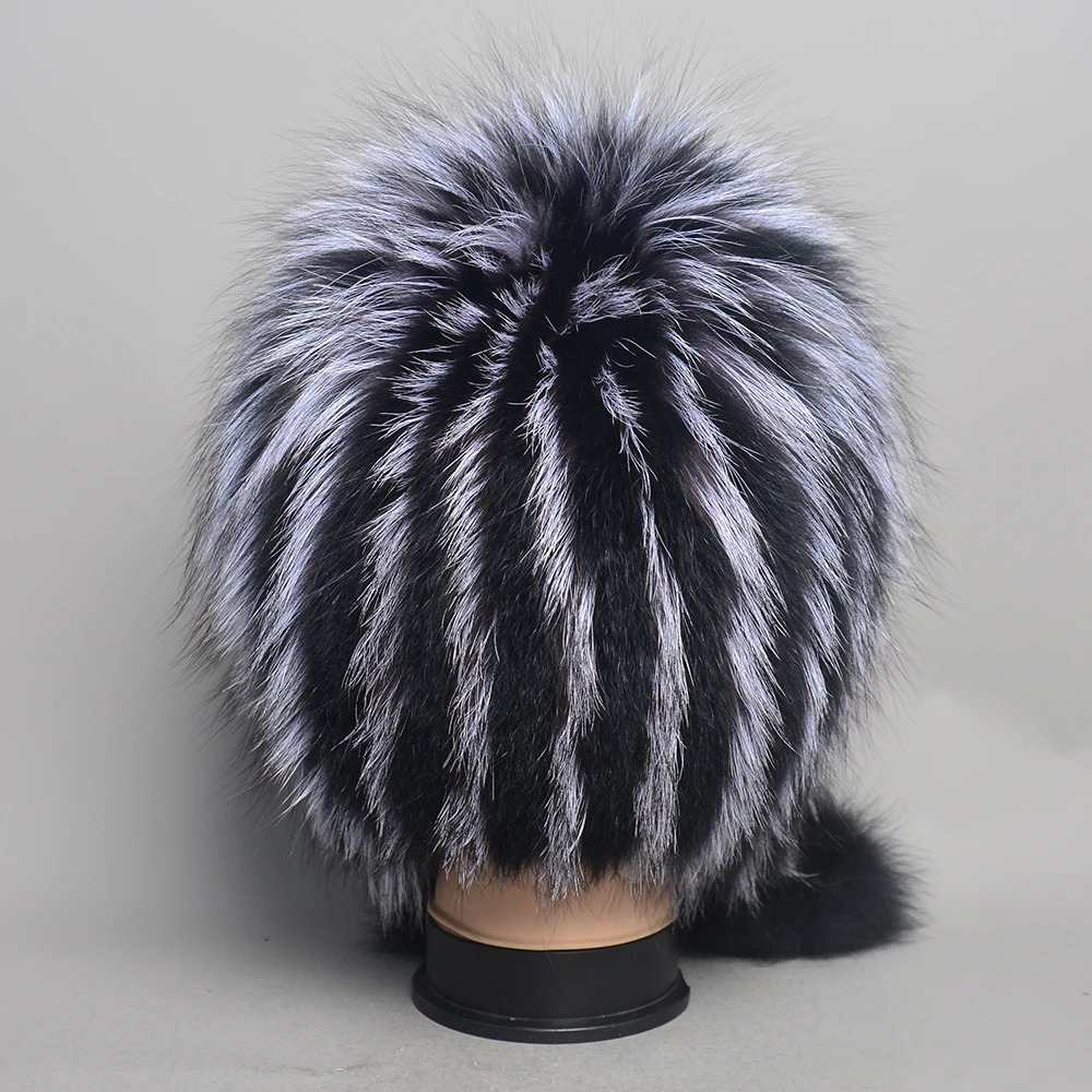 100 Natural Silver Fox Fur Women Winter Hat Knitted Cap Women Hat Fox Fur Bomber Hat Female Ear Warm Winter Must 250929