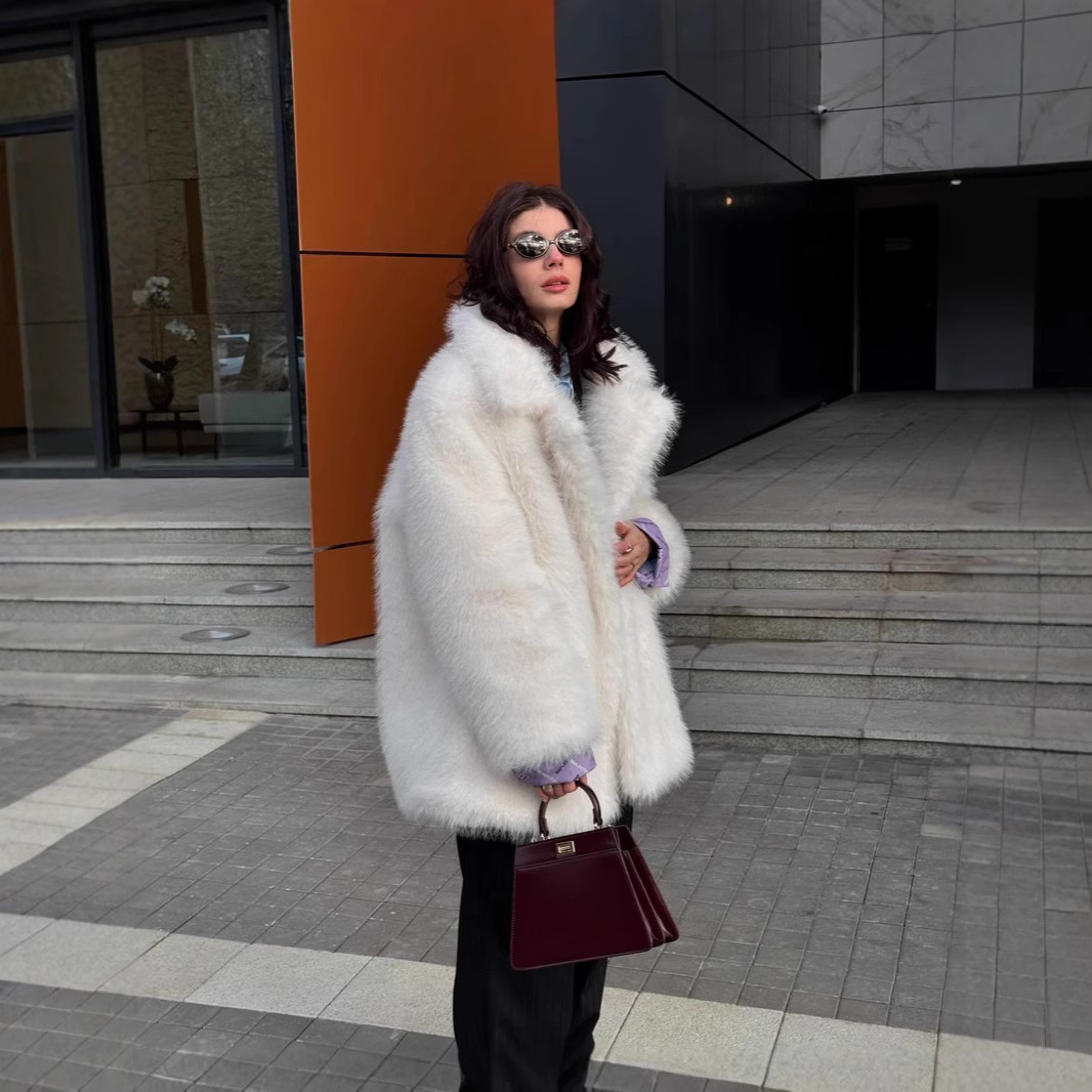 Designer Winter Fox Lazy Style Mid-Length Faux Fur Coat