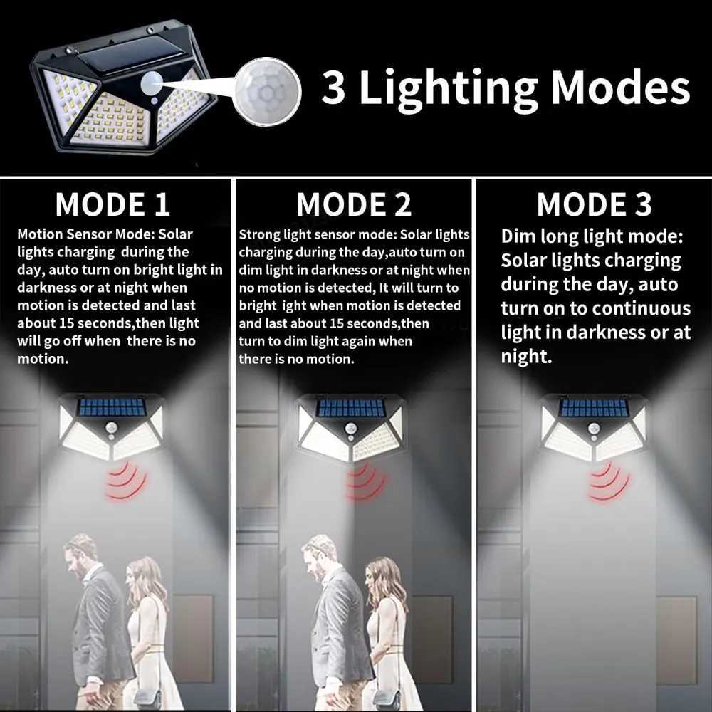 Solar Light Outdoor 100 LED Solar Lights with Motion Sensor 3000LM Waterproof IP65 Solar Powered Wall Light for Garden Yard Path C251007