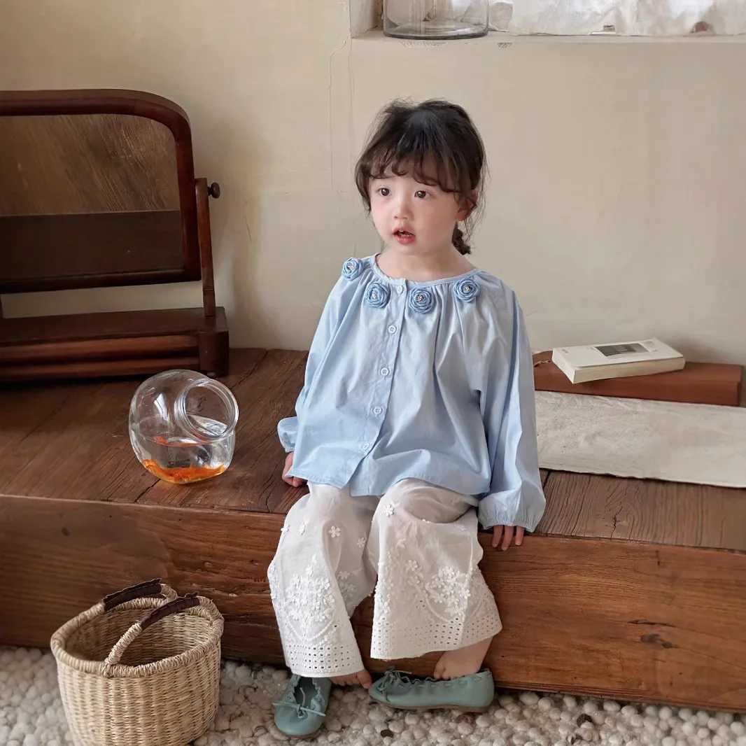 Girls Shirt 2025 Spring New Korean Fashion Solid Color Camellia Long Sleeve Doll Shirt Kids Clothes Girls C2510071