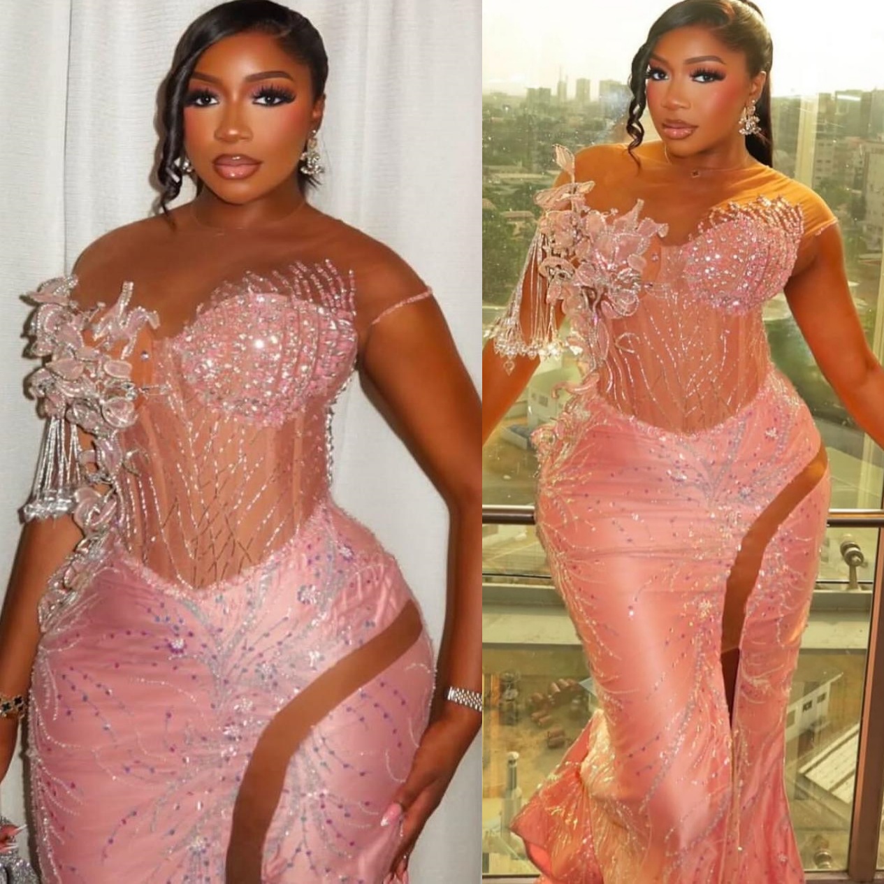 Mermaid Pink Prom Dresses 2025 3D Florals Pearls Rhinestones Lace Evening Formal Party Second Birthday Engagement Gowns Plus Size Dress For Special Oc
