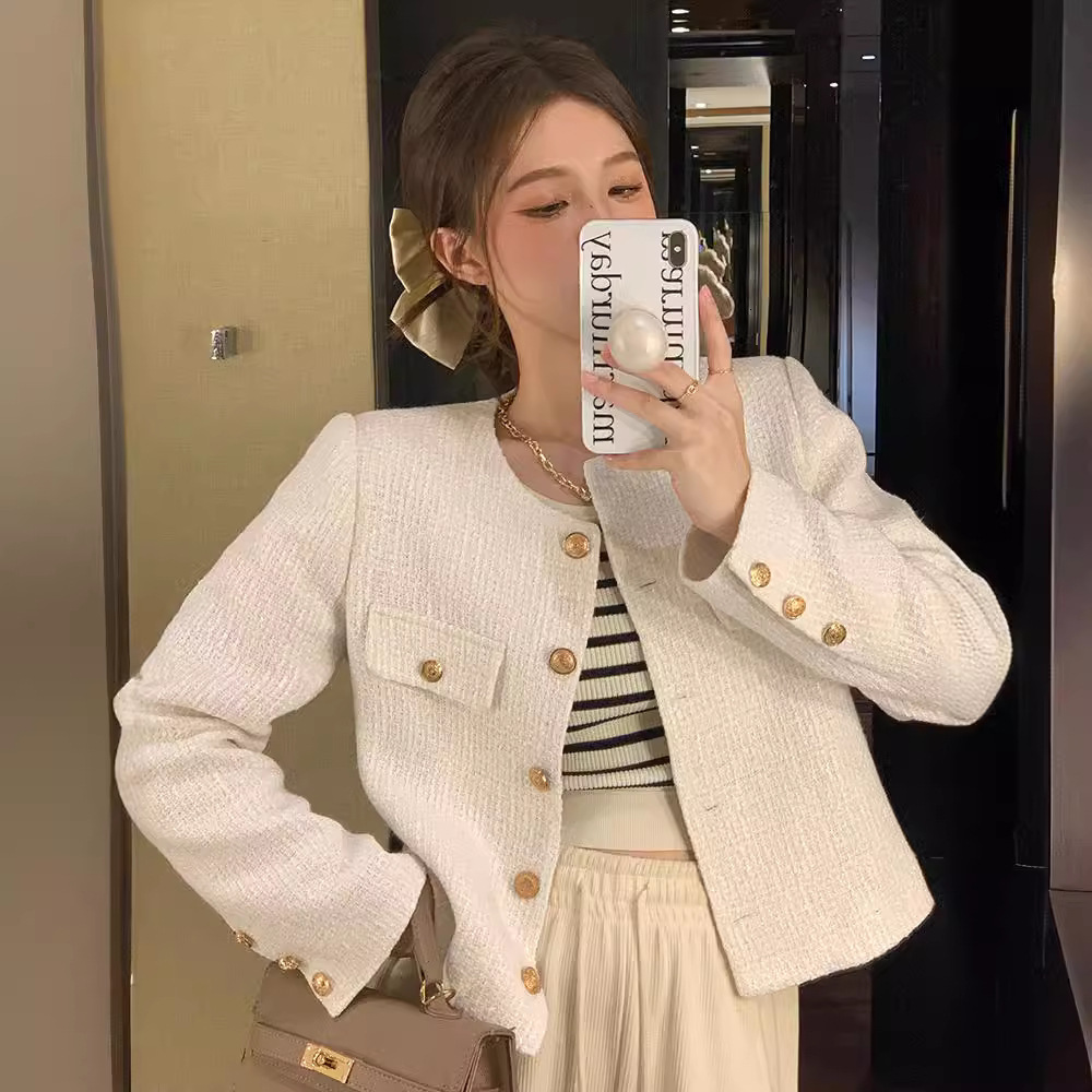 2025 Short Top Women's Spring and Designer Jacket Autumn Coarse Wool Short Top New High fashion end Elegant Social Chic Long Sleeve Top Autumn Lu