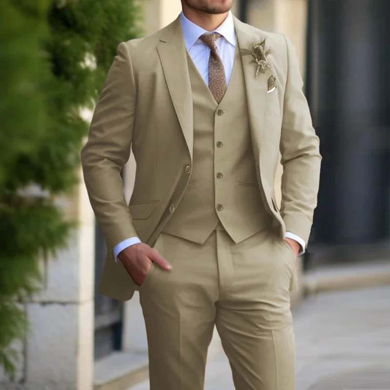 3 Pieces Beige Suits for Men Fashion Slim Fit Blazer Vest Pants Set Formal Business Wedding Tuxedos Casual Clothing y250922