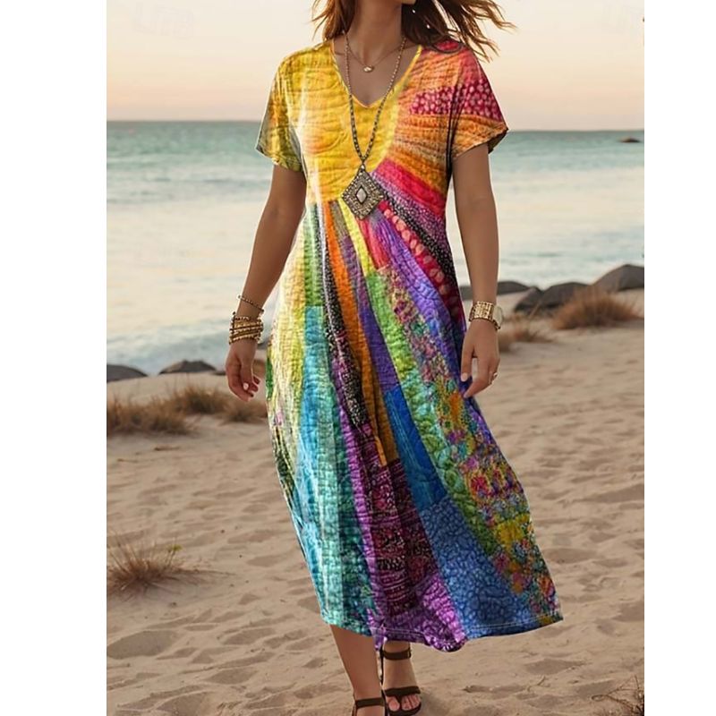 Casual Long-Dress with Colorful Design Suitable for Warm Weather Outings-CF50210