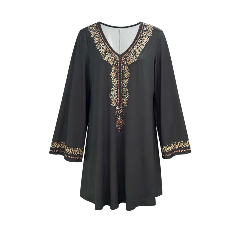 Women's Ethnic Embroidery Long Sleeve Dress - Autumn Winter Vintage V-Neck Milk Silk Casual Daily Dress-CF52924