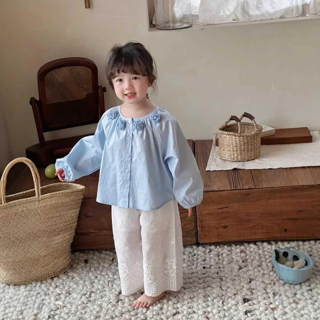 Girls Shirt 2025 Spring New Korean Fashion Solid Color Camellia Long Sleeve Doll Shirt Kids Clothes Girls C2510071