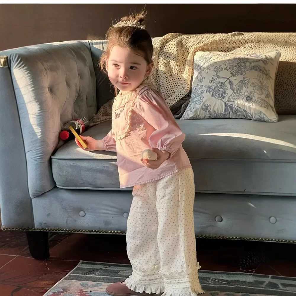 Girls Shirt Polka Dot Pants 2025 New Spring Korean Fashion Pink Long Sleeve Broken Flower Shirt Polka Dot Pants C251007