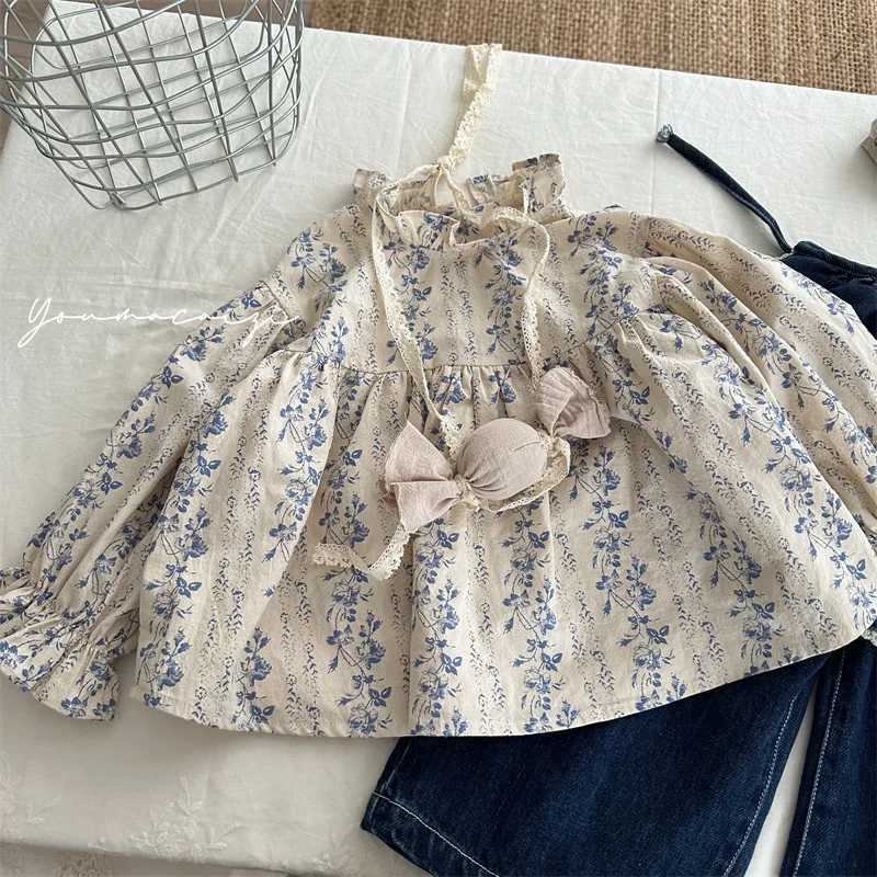 deer jonmi 2024 New Autumn Toddlers Girls Printed Blouses Puff Sleeve Ruched Tops Korean Style Baby Kids Loose Shirts C251007