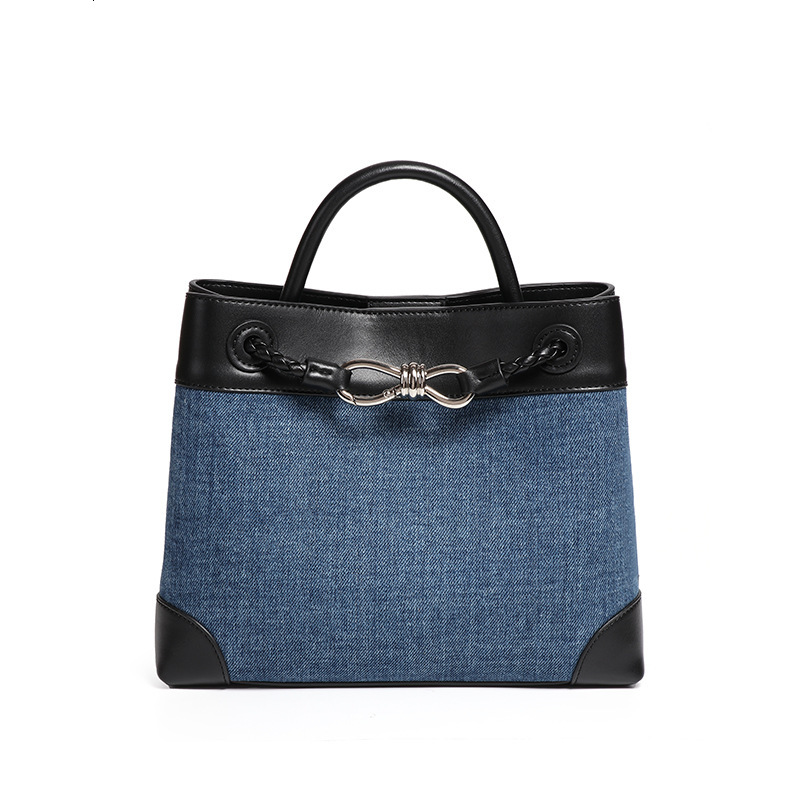 Niche Canvas Patchwork Eight-Character Buckle Metal Bowknot Tote Simple Denim Color-Block Handheld Crossbody Mommy Bag