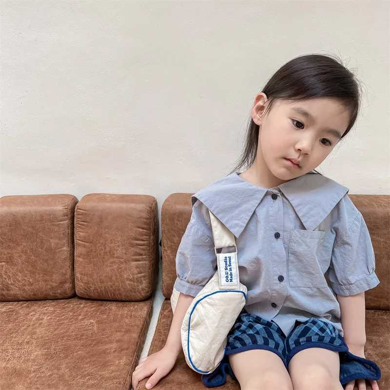 Korean Style New Summer Girls Short Sleeve Blouse Beige Light Blue Letter Embroidery Sailor Collar Single Breasted Shirts A22293 C251007