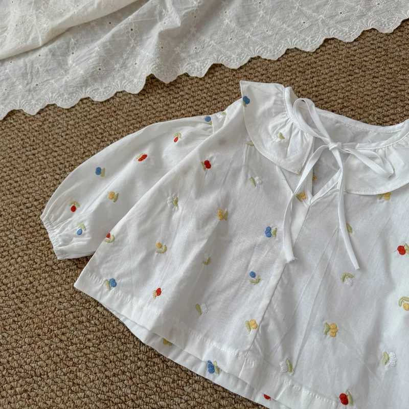 5722 Children Shirt Spring 2025 New Korean Girls Cotton Embroidered Lotus Leaf Collar Shirt Sweet Bottoming Shirt Tops C251007