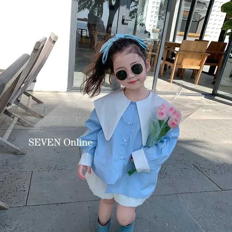 Girls KoreanStyle Stitching Contrast Color Shirt 2023 Spring New Children Fashionable Stylish Polo Collar Top C251007