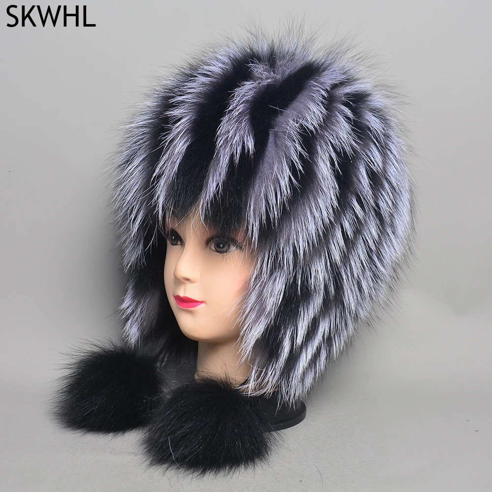100 Natural Silver Fox Fur Women Winter Hat Knitted Cap Women Hat Fox Fur Bomber Hat Female Ear Warm Winter Must 250929