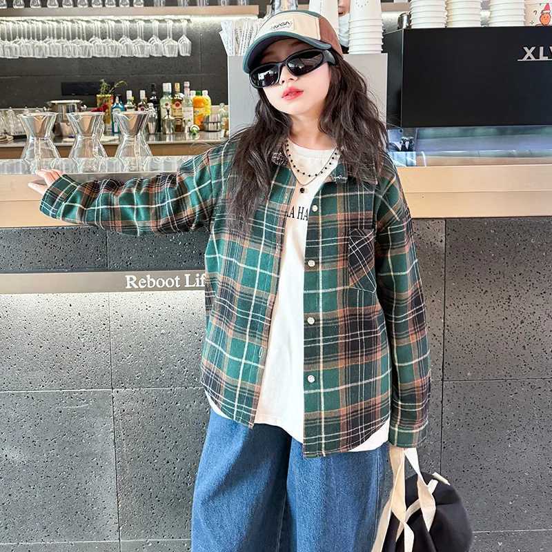 Elegant Kids Spring Autumn Blue Green Plaid Shirts For Girl Cotton Casual Long Sleeve Top School Blouses Clothing Children 514Y C251007
