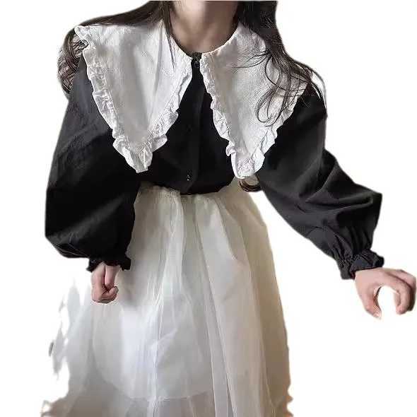 Girls Shirt 2025 Autumn New Childrens Clothing Girls Baby Fashion Splicing Flouncy Collar Cotton and Linen Shirt Casual Simple C251007