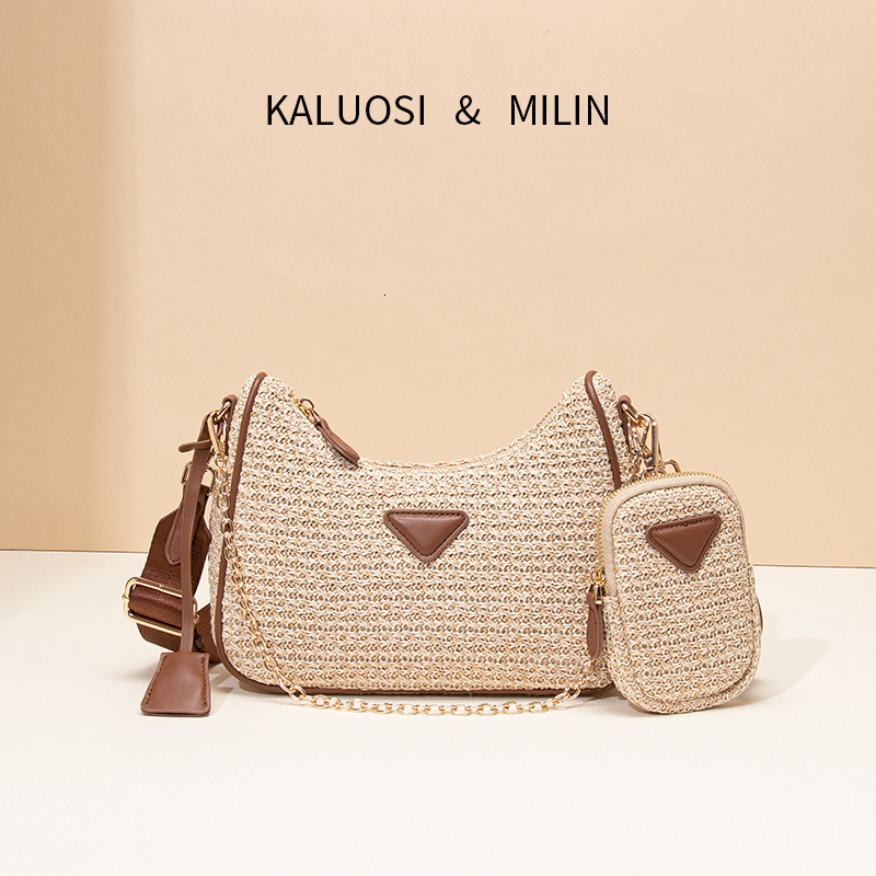 P Home Summer New Three-in-One Hobo Underarm Single Shoulder Crossbody Small Square Bag Raffia Woven Coin Purse