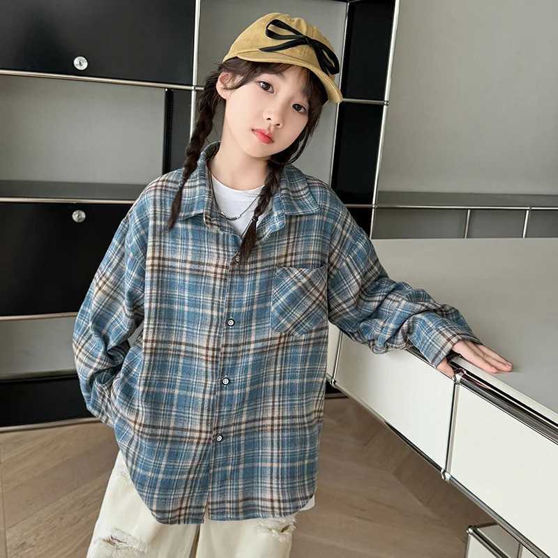 Korean Child Long Sleeve Plaid Blouse For Girls Casual Cotton Shirt with Pocket Teenage School Kids Spring Clothing Outfits C251007