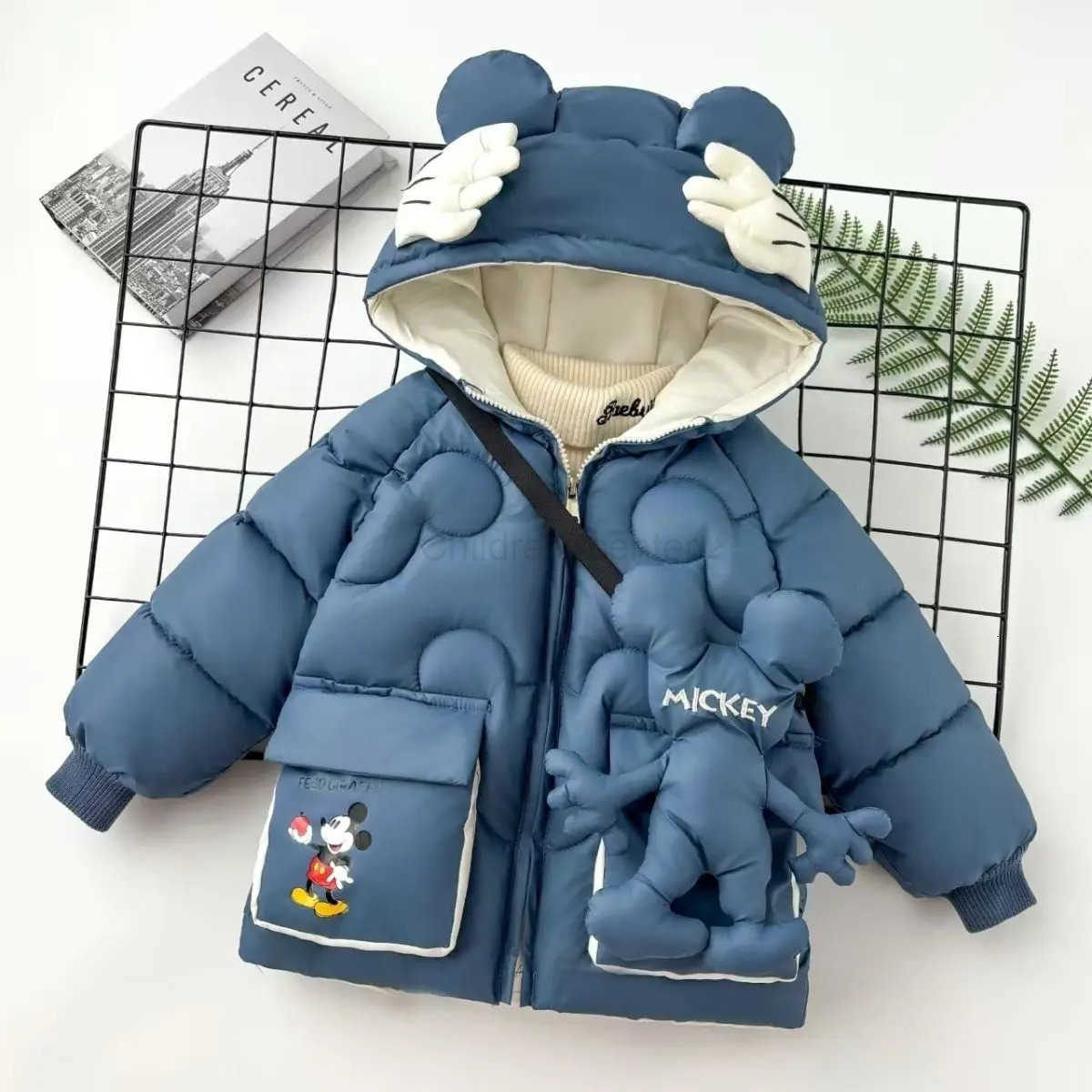 Disney Baby Boy Girl Down Jacket Autumn Winter Children Mickey Mouse Cartoon Thicken Cotton Coat With Bag Toddler Kids Hooded Outerwear H251007