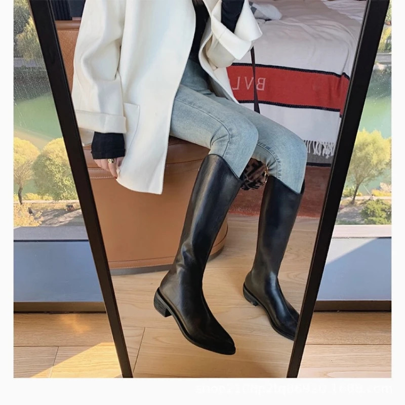 Winter Pointy Midheel Kneehigh Boots Back Zipper Solid Color Heightening Car Stitch and Velvet Fashion Elegant High Boots 250930