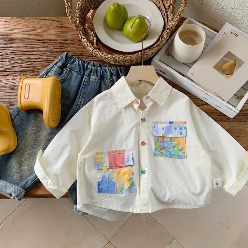 2024 Summer Kids colorful painting long sleeve shirts Boys pure cotton thin shirt turndown collar Tops C251007