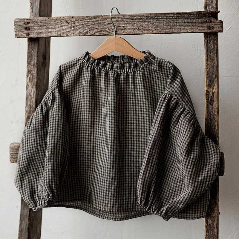Vintage Black And White Fine Plaid Girls Shirt 2024 Spring New Rustic Style Childrens Crew Neck Lantern Sleeved Cotton Blouse C251007