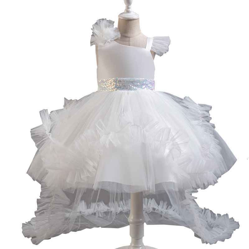Puffy Girl Dress Pink Baby Dress with Train Flower Girl Dress Bow Cute Kids Child Birthday Dresses Frist Communion 250829