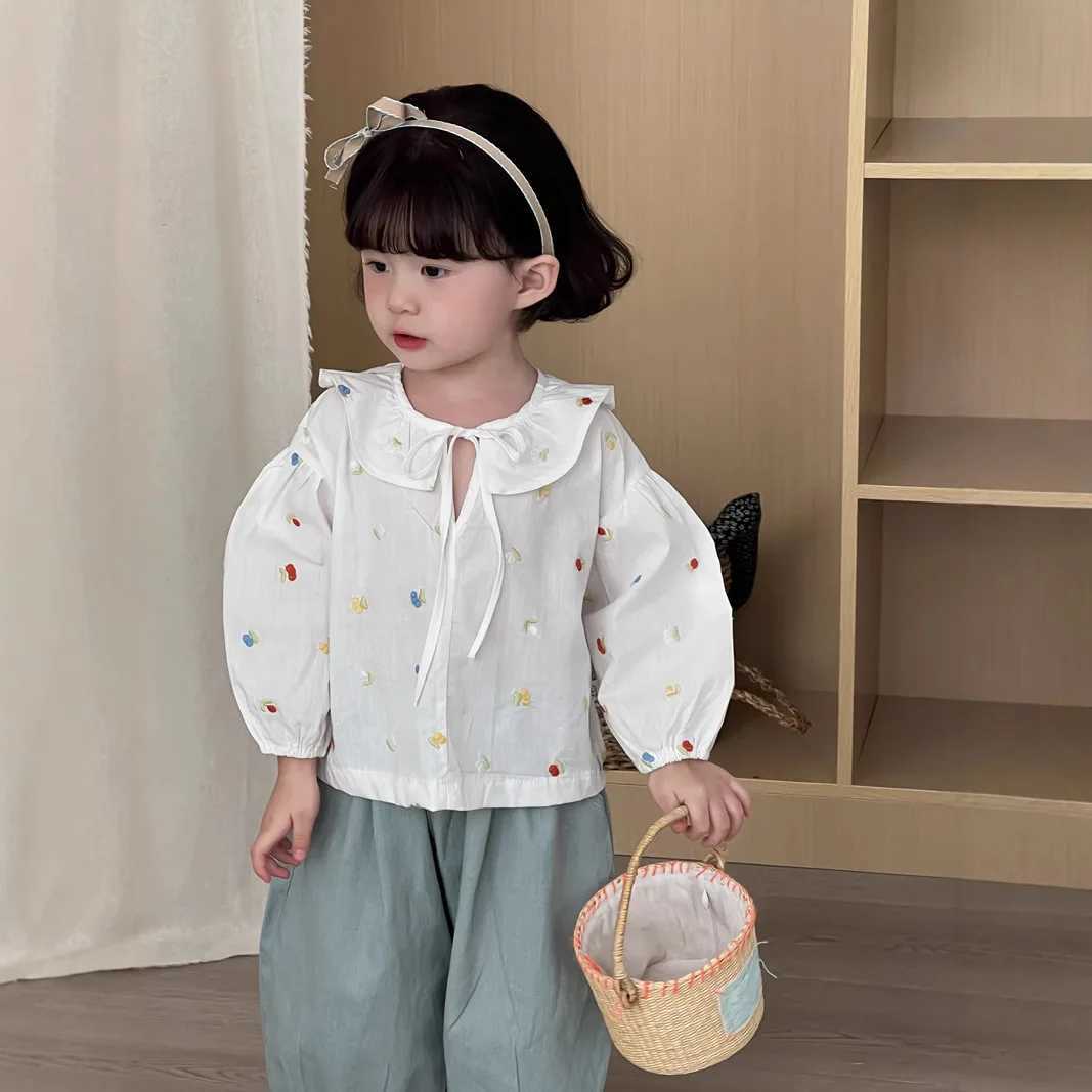 5722 Children Shirt Spring 2025 New Korean Girls Cotton Embroidered Lotus Leaf Collar Shirt Sweet Bottoming Shirt Tops C251007