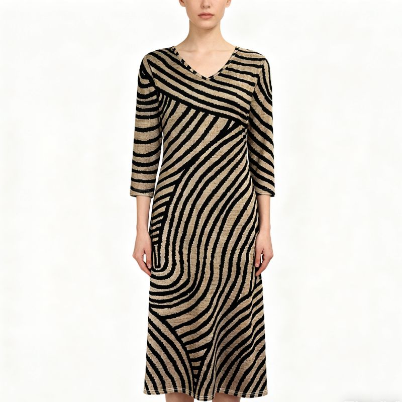 Womens Striped Print V-neck Midi Dress Breathable Milk Silk Fabric for Summertime-CF50693