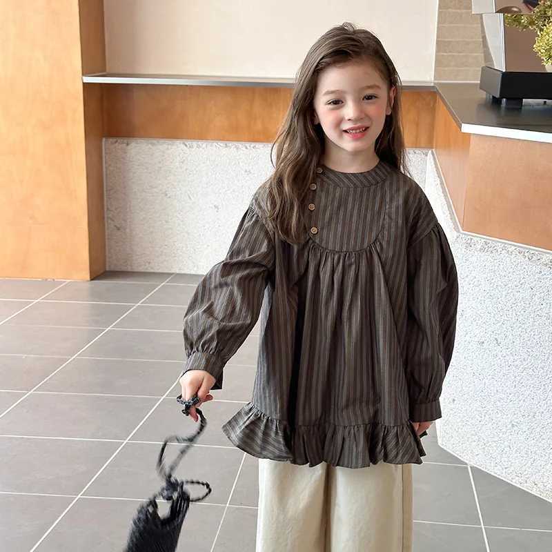 Girls Shirt 2025 Autumn and Winter New Childrens Clothing Girls Baby Fashionable Flounce Stripe Shirt Casual Simple All Match C251007