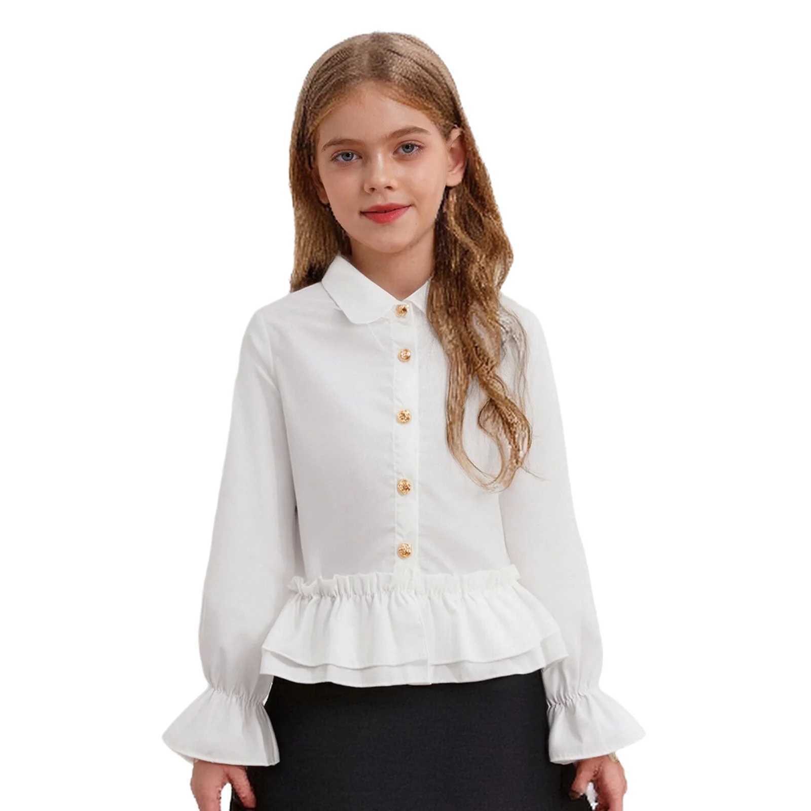 White Ruffles Shirts Kids Girls Lapel Sweet Preppy Kawaii Blouses Lolita Korean Elegant Puff Long Sleeve Crop Tops Chic Blouse C251007