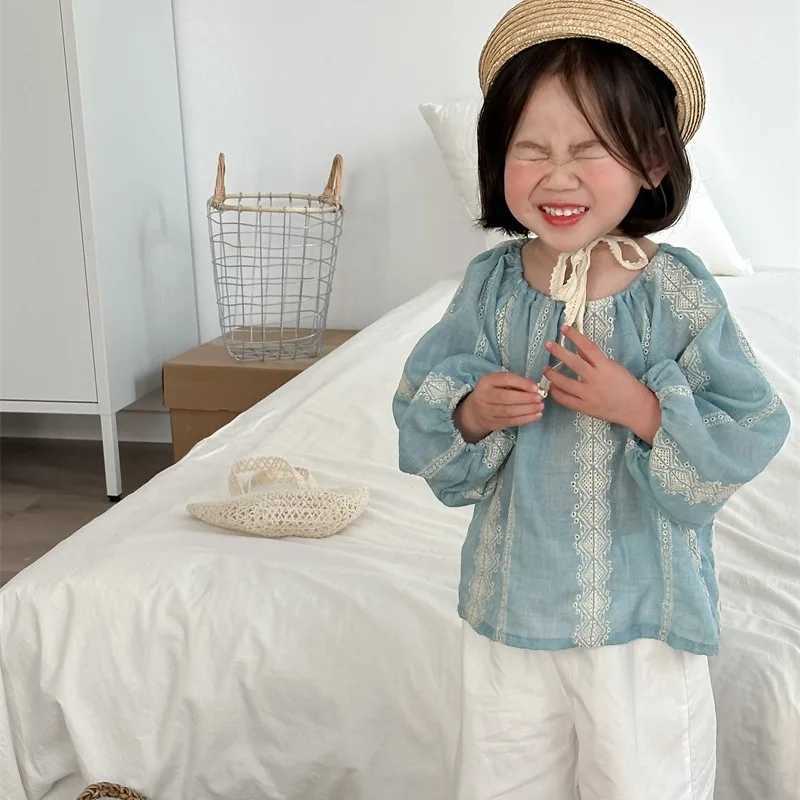 2024 Spring New Products Girls Embroidered Solid Color Shirt Korean Version Childrens Foreign Style Fresh Crew Neck Top C251007