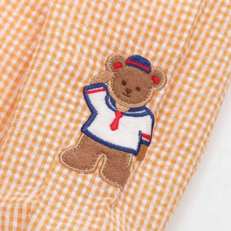 Autumn Girls Orange Plaid Blouse Shirt Cute Cartoon Bear Lion Embroidery Boy Long Sleeve Layering Casual Top for Toddler Kids C251007