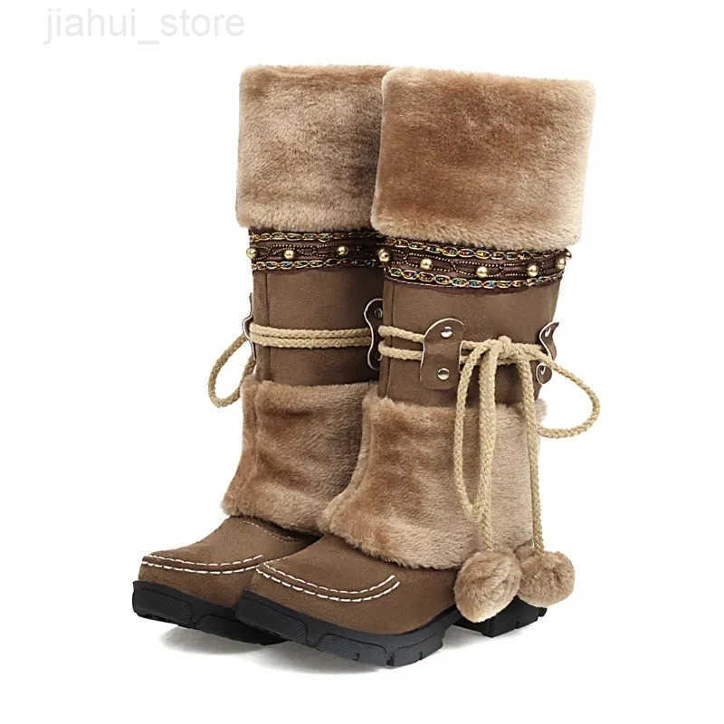 Winter Warm Mid Calf Womens Retro Snow Boots Vintage Ethnic Stylish Handmade Weaving Fuzzy Ball Decor Chunky Heeled Booties M251007