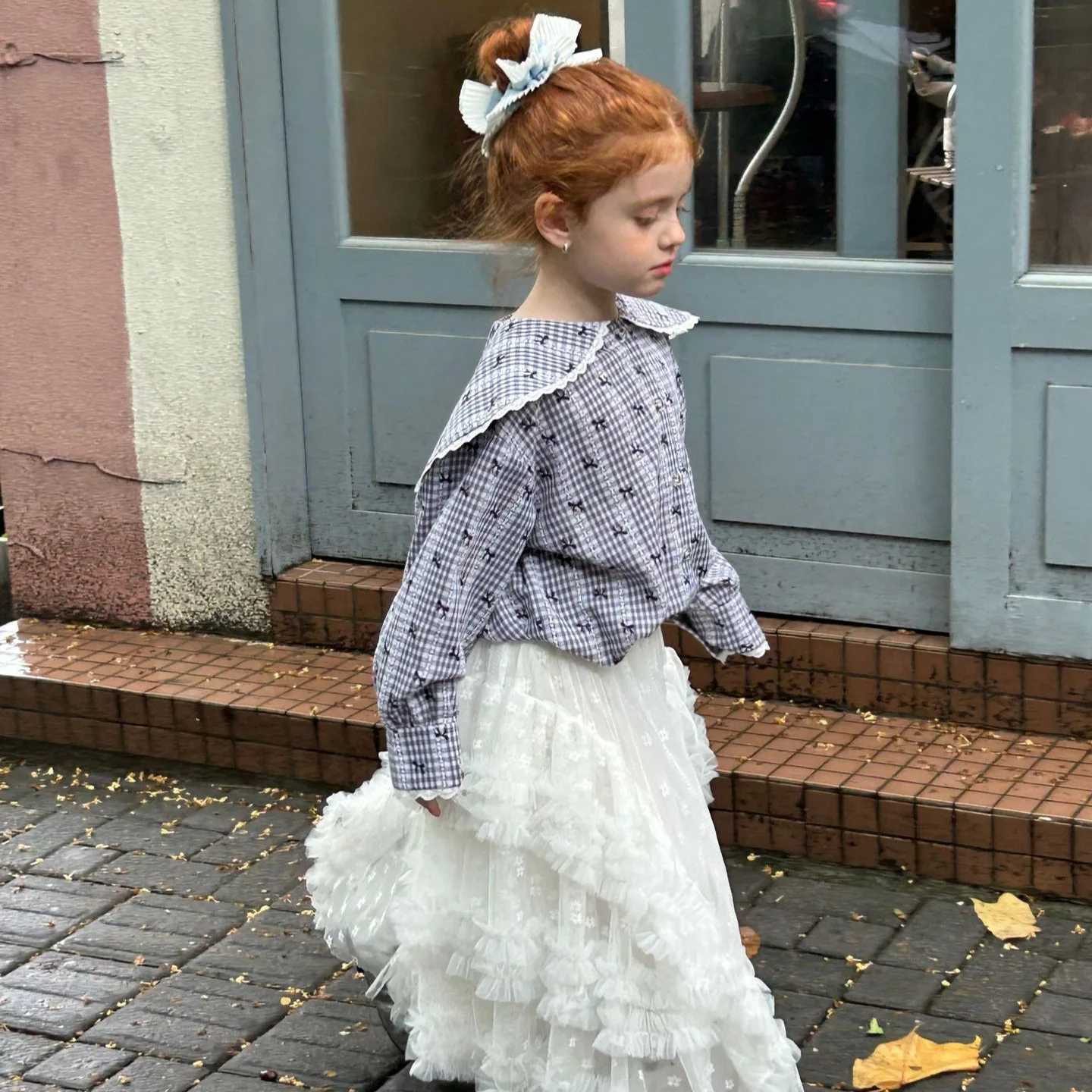 Lace Lapel Plaid Bow Printed Shirt Spring and Autumn 2025 New Fashionable Gentle Cute Allmatch Shirt C2510071