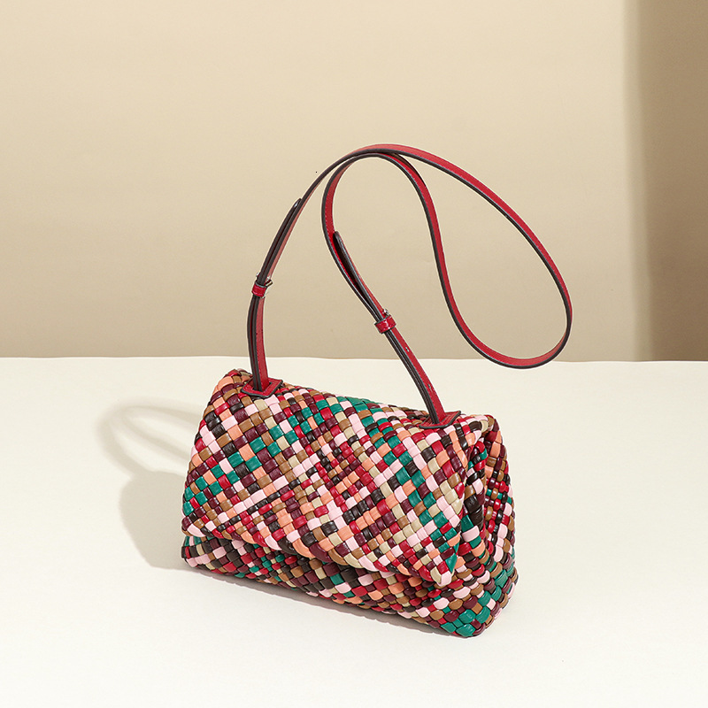 High-End Color-Block Handmade Rainbow Woven Unique Niche Shoulder Crossbody Flap Underarm Bag