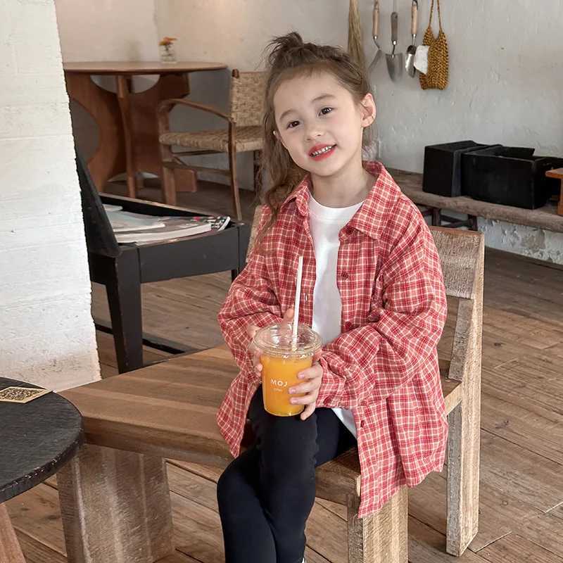 Childrens Clothing Childrens Versatile Lapel Shirt 2024 Autumn Outfit Girls Korean Style Casual Plaid Shirt Thin Jacket C251007